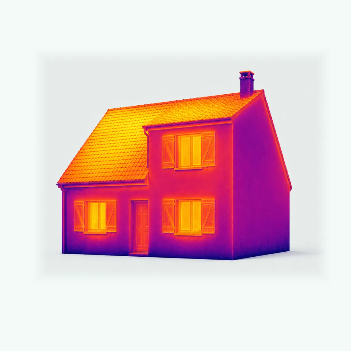 La même maison en vision thermique : toiture et vitrages en rouge