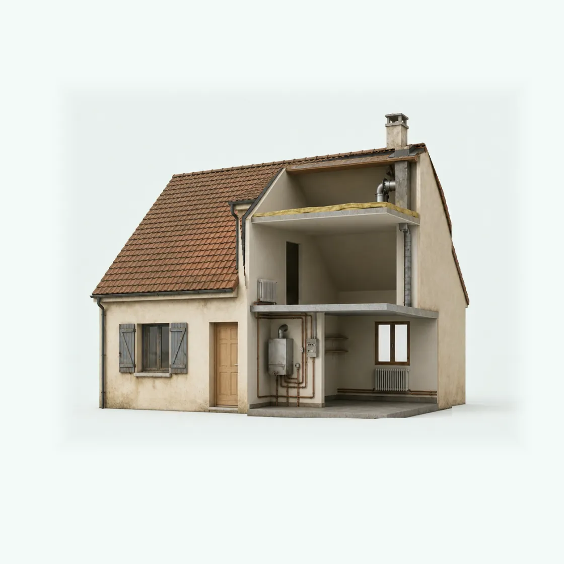 La même maison en coupe : chaudière gaz, radiateurs, combles peu isolés